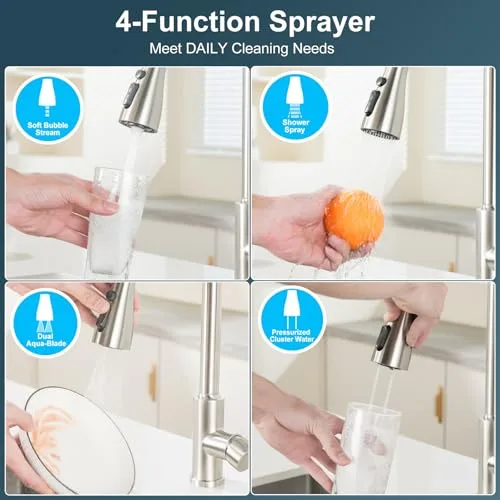 SREWOHS PRO ▫️ Torneira de cozinha extraível - Torneiras para lava-loiça com bico giratório de 360°, 4 modos, monocomando, aço inoxidável, cabeça de duche em ABS, arco alto, para lava-loiça de cozinha com 1 orifício 4