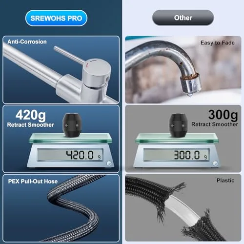 SREWOHS PRO ▫️ Torneira de cozinha extraível - Torneiras para lava-loiça com bico giratório de 360°, 4 modos, monocomando, aço inoxidável, cabeça de duche em ABS, arco alto, para lava-loiça de cozinha com 1 orifício 6