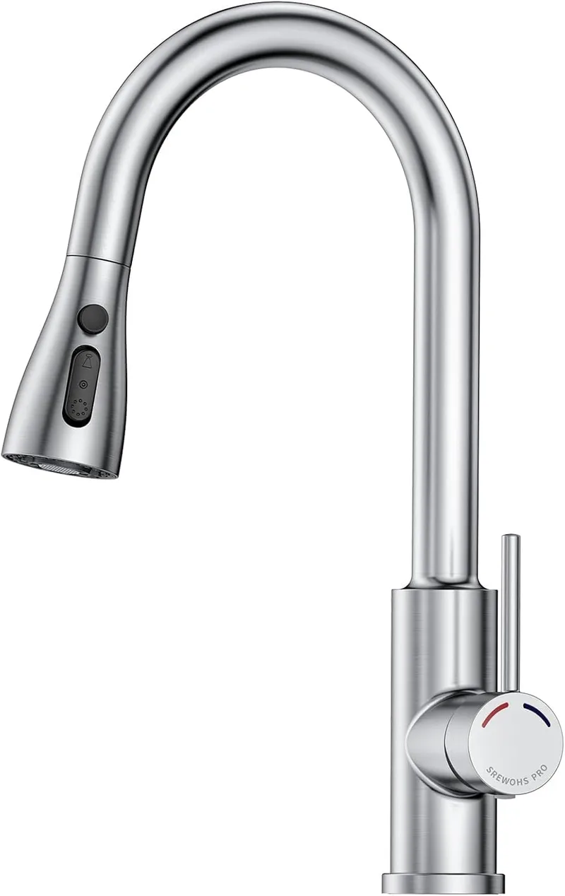 SREWOHS PRO ▫️ Torneira de cozinha extraível - Torneiras para lava-loiça com bico giratório de 360°, 4 modos, monocomando, aço inoxidável, cabeça de duche em ABS, arco alto, para lava-loiça de cozinha com 1 orifício