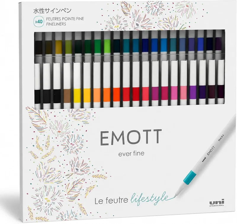 Uni-Ball ▫️ 151742 - Conjunto de marcadores finos Emott, 40 marcadores de 0,4 mm, tinta pigmentada, conjunto com design elegante