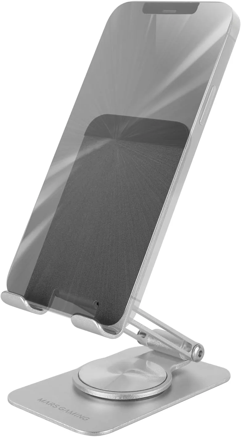 Mars Gaming ▫️ MA-RSS, suporte dobrável para smartphone, rotação dinâmica de 360° + ajuste de altura e ângulo de 180°, suporte de alumínio para telemóvel, antiderrapante, cinzento prateado