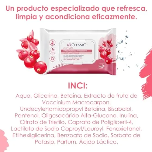 Cleanic ▫️ Intimate – Papel higiénico húmido descartável – 40 unidades – combina papel húmido e toalhitas. Limpa a zona íntima com extrato de mirtilo e prebiótico. 6