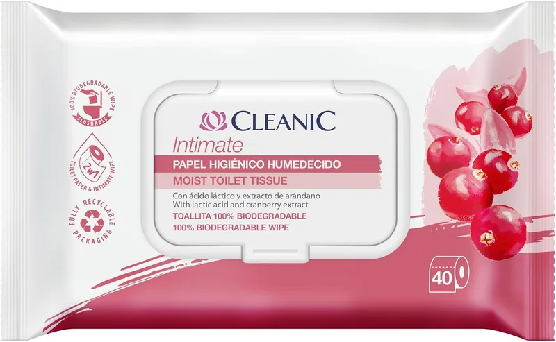 Cleanic ▫️ Intimate – Papel higiénico húmido descartável – 40 unidades – combina papel húmido e toalhitas. Limpa a zona íntima com extrato de mirtilo e prebiótico.
