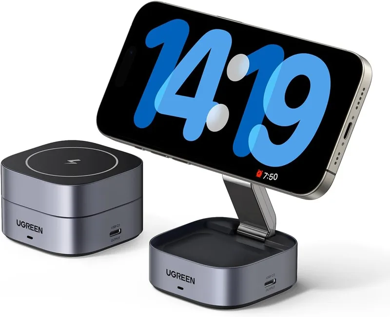 UGREEN ▫️ MagFlow Carregador Sem Fios 2 em 1, Estação de Carregamento Magnética, Compatível com iPhone 17 Pro MAX Air/16/15/14/13/12 Series, AirPods Pro 2/3