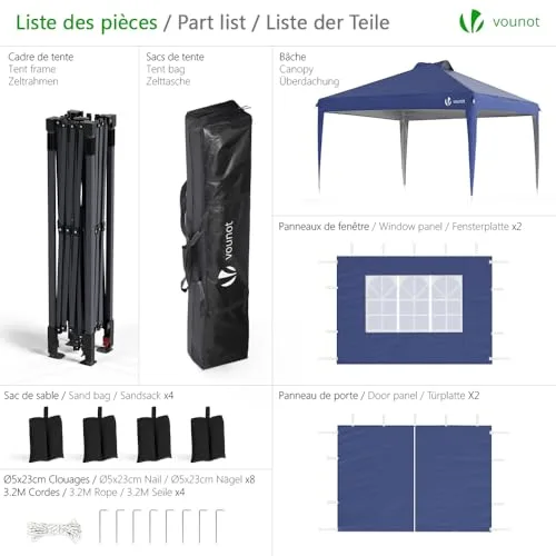 VOUNOT ▫️ ® Tenda dobrável tipo gazebo 3x3 m com botão central, pavilhão de jardim com paredes laterais, sacos de areia e saco de transporte, pérgula com proteção UV para campismo, festas ao ar livre, azul 2