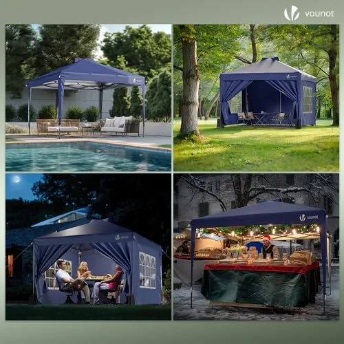 VOUNOT ▫️ ® Tenda dobrável tipo gazebo 3x3 m com botão central, pavilhão de jardim com paredes laterais, sacos de areia e saco de transporte, pérgula com proteção UV para campismo, festas ao ar livre, azul 4