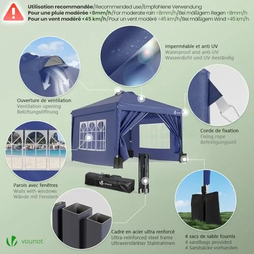 VOUNOT ▫️ ® Tenda dobrável tipo gazebo 3x3 m com botão central, pavilhão de jardim com paredes laterais, sacos de areia e saco de transporte, pérgula com proteção UV para campismo, festas ao ar livre, azul 5
