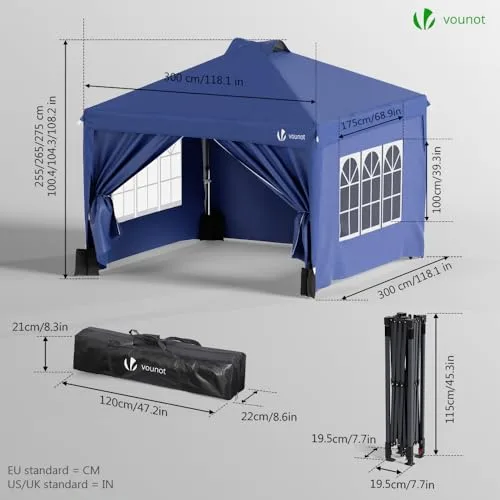VOUNOT ▫️ ® Tenda dobrável tipo gazebo 3x3 m com botão central, pavilhão de jardim com paredes laterais, sacos de areia e saco de transporte, pérgula com proteção UV para campismo, festas ao ar livre, azul 6