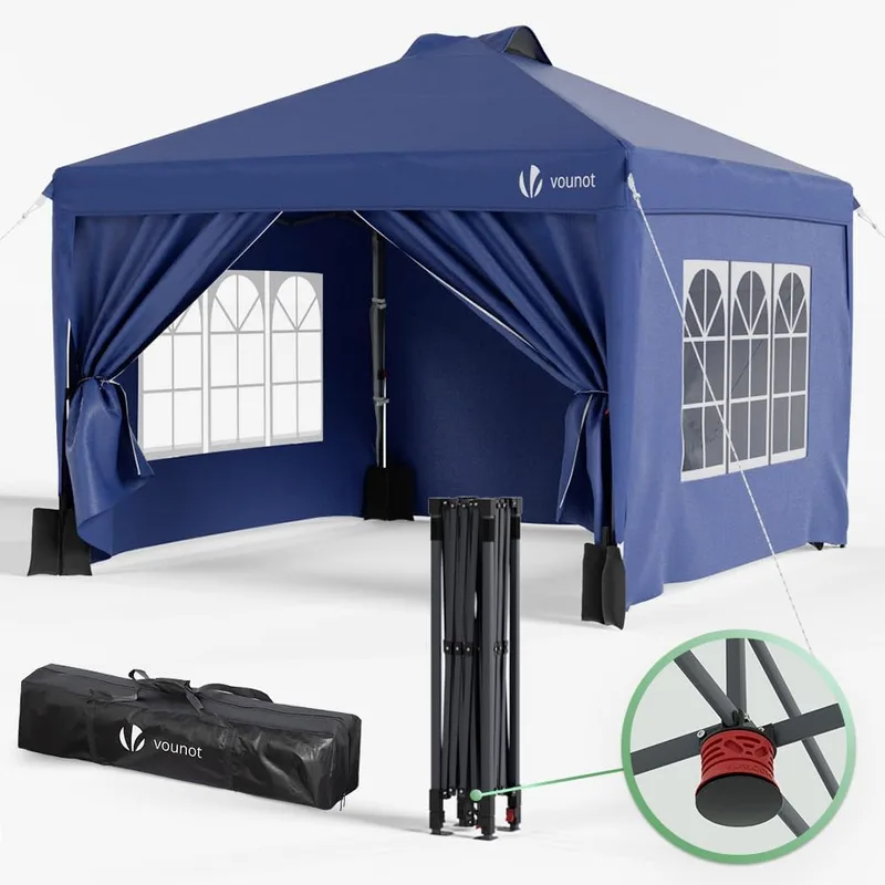 VOUNOT ▫️ ® Tenda dobrável tipo gazebo 3x3 m com botão central, pavilhão de jardim com paredes laterais, sacos de areia e saco de transporte, pérgula com proteção UV para campismo, festas ao ar livre, azul