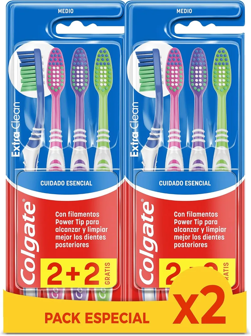 Colgate ▫️ Escova de dentes Extra Clean, dureza média, limpa até aos dentes posteriores, Embalagem 2+2, Multicolorida (CP21509) (Embalagem de 2)