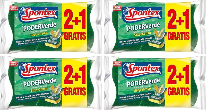 Spontex ▫️ Esfregões de Fibra com Esponja, 3 esfregões (Embalagem de 4)