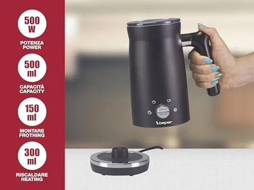 BEPER ▫️ P101CAF001 Espumador de leite automático, espumador de leite com tampa, 300 ml, preto, 4 funções, potência de 500 W 2