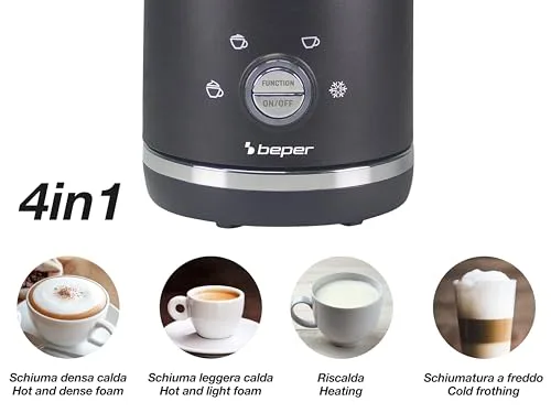BEPER ▫️ P101CAF001 Espumador de leite automático, espumador de leite com tampa, 300 ml, preto, 4 funções, potência de 500 W 3