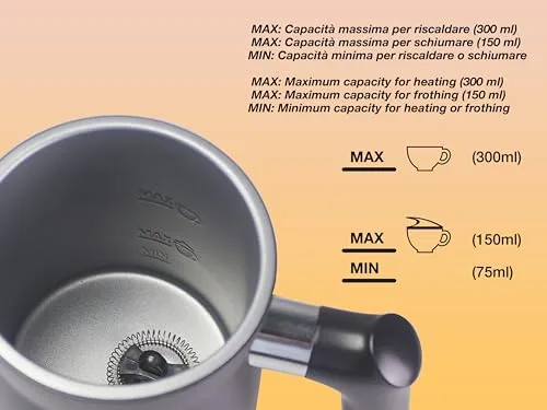 BEPER ▫️ P101CAF001 Espumador de leite automático, espumador de leite com tampa, 300 ml, preto, 4 funções, potência de 500 W 4