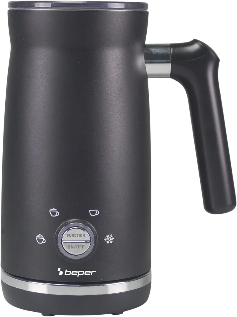 BEPER ▫️ P101CAF001 Espumador de leite automático, espumador de leite com tampa, 300 ml, preto, 4 funções, potência de 500 W