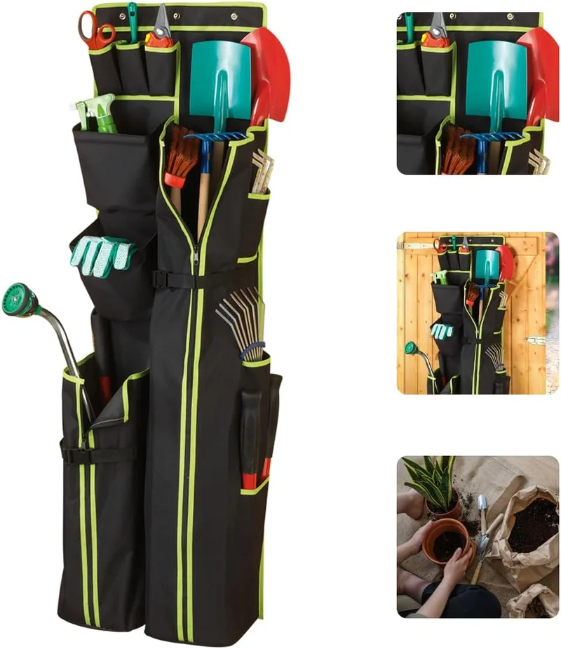 Avilia ▫️ Organizador para equipamento de jardim e ferramentas manuais - Saco de arrumação suspenso com 11 bolsos espaçosos, poliéster, 38 x 7 x 122 cm, preto e amarelo