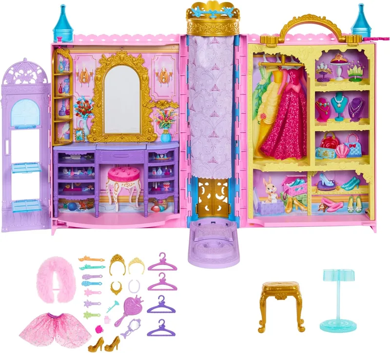 Mattel ▫️ Conjunto de guarda-roupa portátil Disney Princess Castle com 2 conjuntos de moda de princesa, 25 acessórios, cómoda e arrumação, brinquedo +3 anos (HXC20)