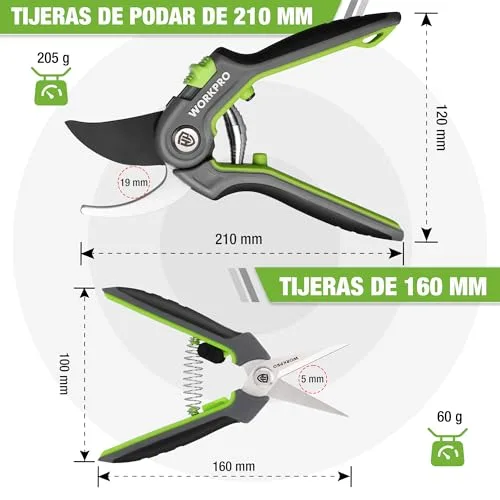 WORKPRO ▫️ Conjunto de 2 peças de tesouras de poda, com lâminas curvas e retas em aço 5