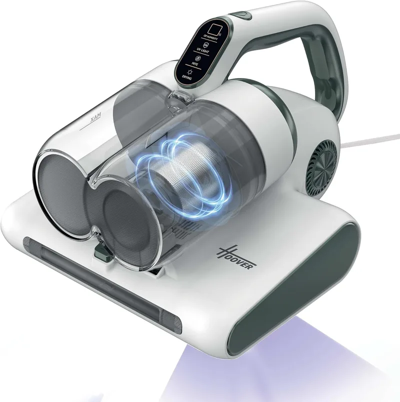 Hoover ▫️ Aspirador de mão para colchões HMC5: limpeza eficaz, 4 funções automáticas: Beat&Roll, aspiração, luz UV e secagem. Modelo leve e prático. Remove o pó dos colchões, sofás e estofos.