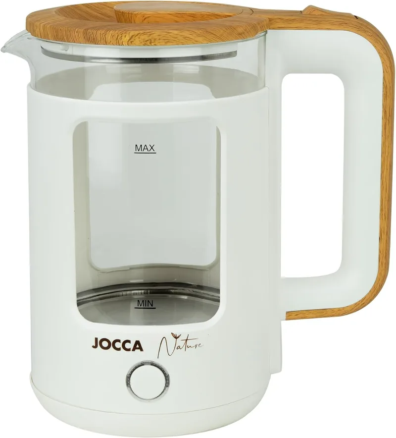 Jocca ▫️ Fervedor elétrico de água de 1,8 L da linha Nature, com base giratória de 360° e vidro de borossilicato, desligamento automático, 1500 W, branco