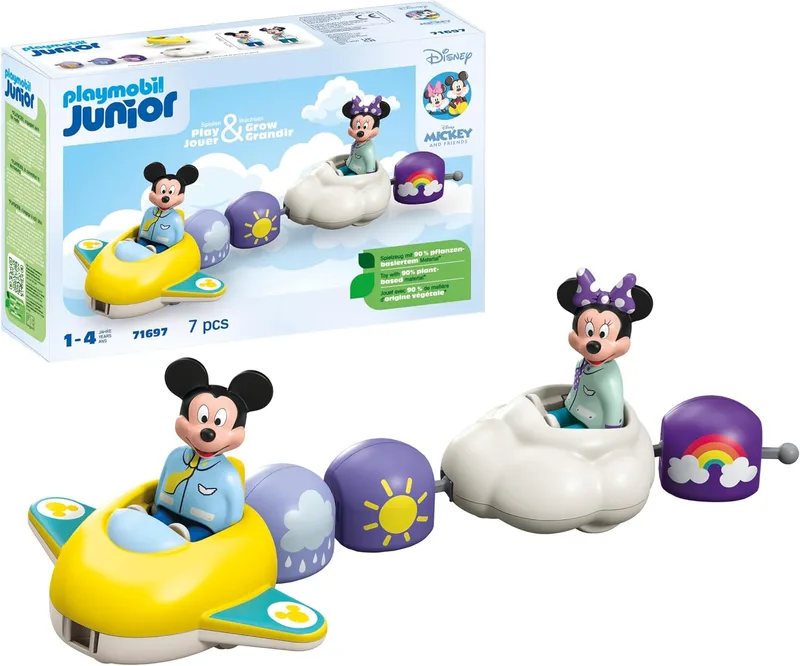 PLAYMOBIL ▫️ Junior & Disney 71697 Mickey e Minnie: Comboio Nuvem, com avião e veículo Nuvem, brinquedo fabricado com plásticos de origem vegetal, brinquedos para meninos e meninas a partir de 1 ano