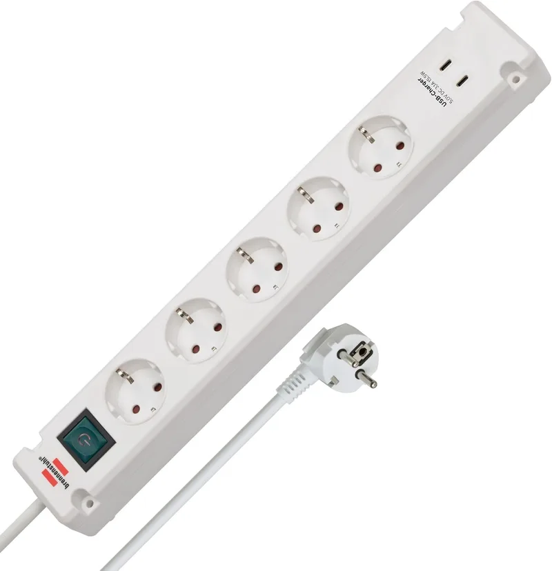 Brennenstuhl ▫️ Bremounta Power Strip com 5 tomadas e função de carregamento USB C (Power Strip com interrutor, alimentação de parede, 2X USB C e cabo de 3m) Branco