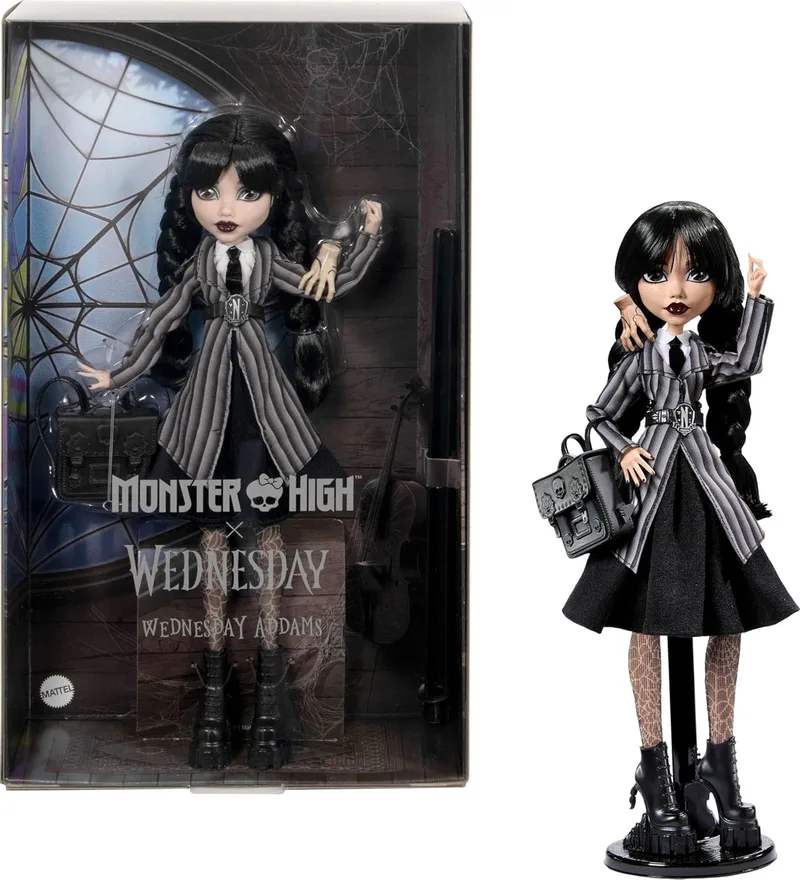 Boneca e acessórios Monster High Wednesday, boneca colecionável Wednesday Addams com uniforme da Academia Nevermore, coisa e mochila, com suporte para boneca, HXJ04