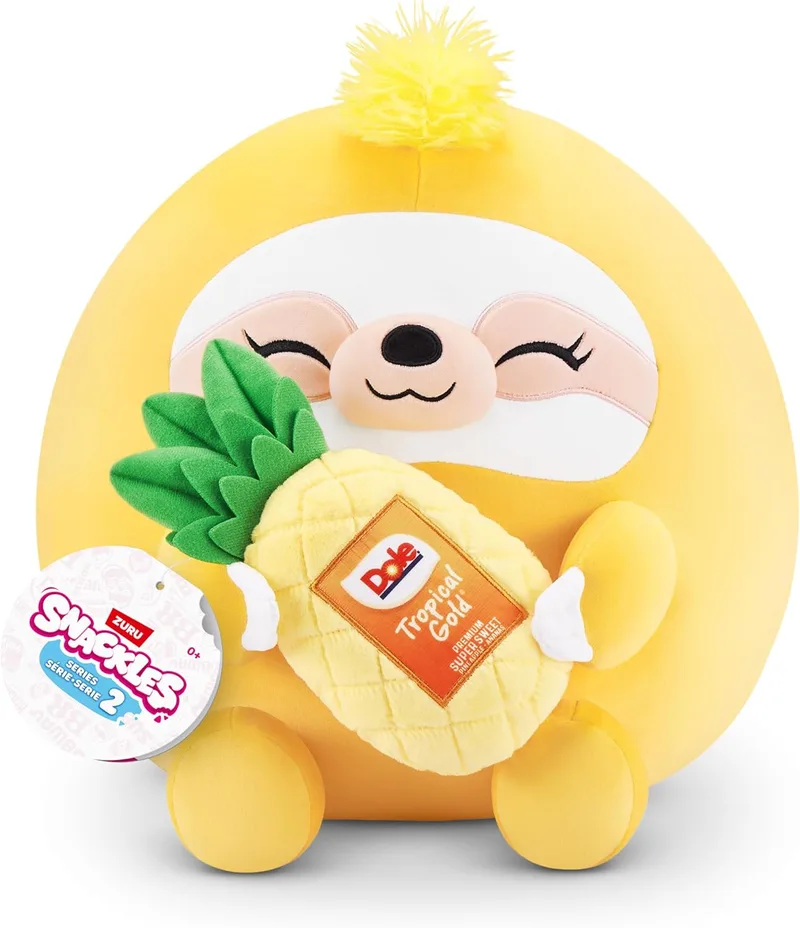 Snackles ▫️ ZURU Series 2 20 cm Snackle Boneco de peluche de 20 cm macio e fofinho com acessório de marca para o lanche, Preguiça (Dole, Ananás)