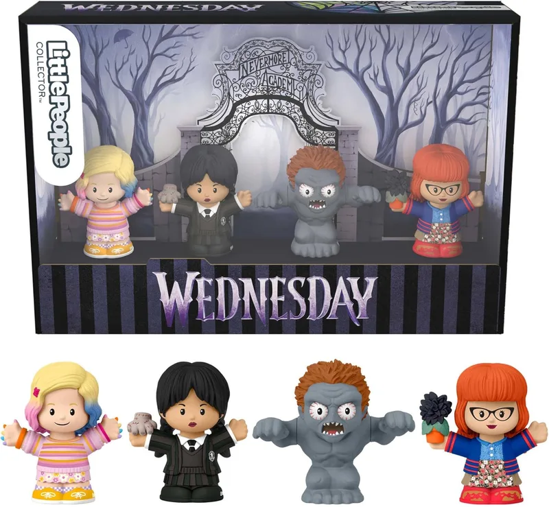 Little People COLLECTOR ▫️ Wednesday, Pack 4 figuras pequenas (Wednesday, Enid, Marilyn e Hyde) inspiradas na série de TV, brinquedo de coleção para adultos e fãs, +14 anos, HWX46