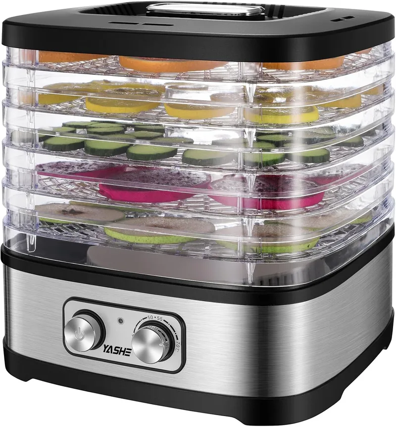 YASHE ▫️ GGJ-261A Desidratador de Alimentos, 5 tabuleiros com altura ajustável, controlo de temperatura de 35 a 70 °C, desidratador de frutas e legumes de 240 watts, sem BPA