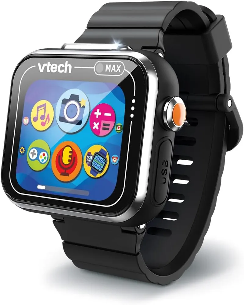 VTech ▫️ Kidizoom Smartwatch MAX Preto, relógio inteligente para crianças, câmara dupla, vídeo, jogos, ecrã tátil horizontal, versão ESP