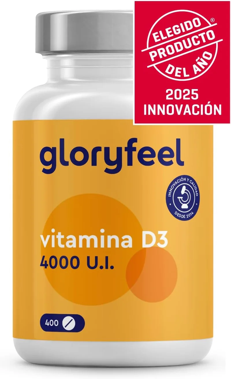 Gloryfeel ▫️ Vitamina D3 4000 UI em dose elevada - 400 comprimidos (+1 ano) - Apoia os ossos, as articulações e o sistema imunitário - Colecalciferol Natural Vitamin D - Vegetariano, sem glúten e sem aditivos