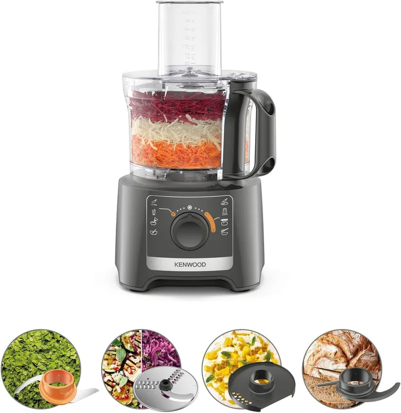 Kenwood Multipro Compact FDP31.020GY Modelo 2023, picador de cozinha com 2 velocidades de processamento + pulsação, taça de 2,1 L, cortador elétrico para picar, ralar e amassar, 800 Watt