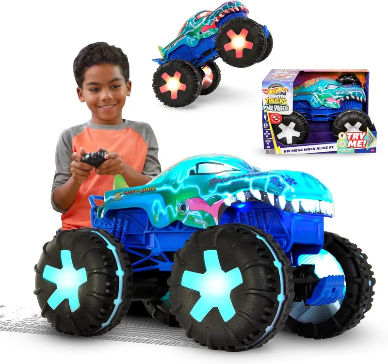 Hot Wheels ▫️ Monster Trucks Mega-Wrex Carro telecomandado, Carro de brinquedo telecomandado com luzes, sons e 3 modos de jogo, +5 anos (JBD90)