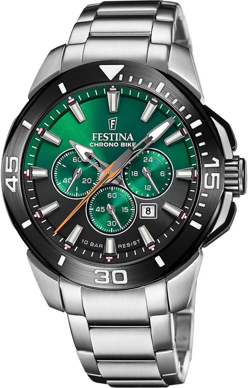 Festina ▫️ Relógio analógico para homem em aço inoxidável 316 com banho de prata - Movimento Quartz - Cronógrafo - Calendário - Cristal mineral de alta resistência - Resistente à água 10 ATM F20641/B Chrono Bike