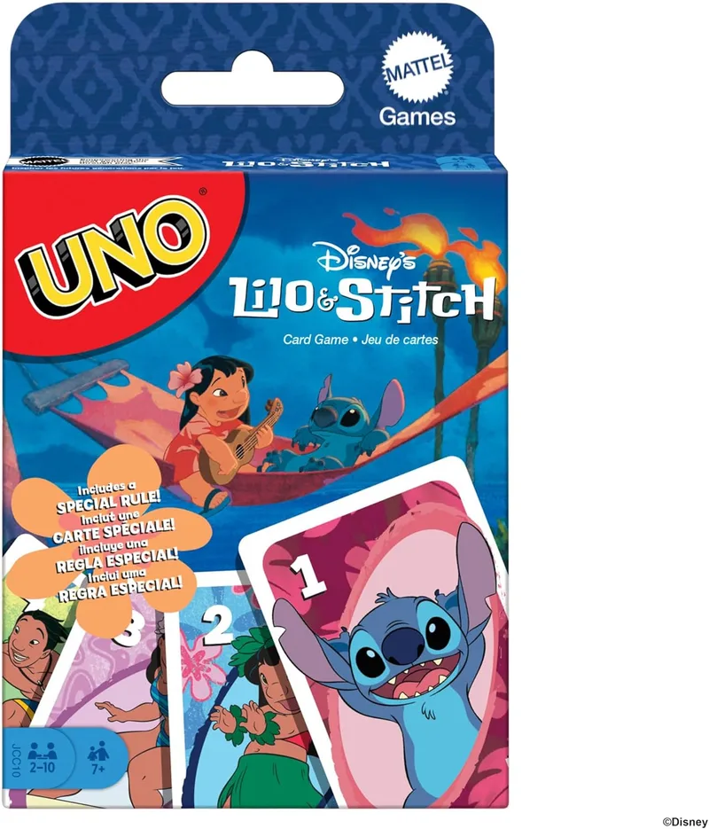 Mattel Games ▫️ UNO Disney Lilo & Stitch, Jogo de cartas com regra especial Ohana, inspirado nas personagens do filme, Jogo de mesa para toda a família, brinquedo ideal para meninos e meninas a partir dos 7 anos, JCC10