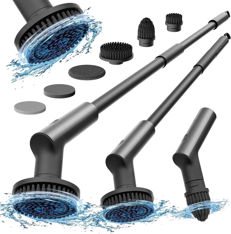 HOTO ▫️ Escova de Limpeza Doméstica Eléctrica, Escova de Limpeza Eléctrica com 6 Escovas Substituíveis, 2 Velocidades, Cabo Ajustável 90-120CM, IPX7 à Prova de Água, para Casa de Banho, Cozinha, Carro, Banheira, Banheira