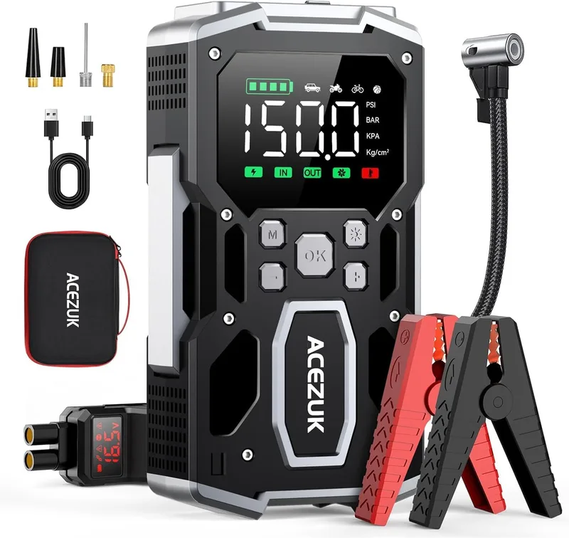 ACEZUK ▫️ 8000A Arrancador de Bateria de Carro, Compressor de Ar 150PSI, Arrancador de Bateria de Carro 26800mAh para Veículo (Toda a Gasolina ou 10L Diesel), Arrancador de 12V com LED 400-Lumen