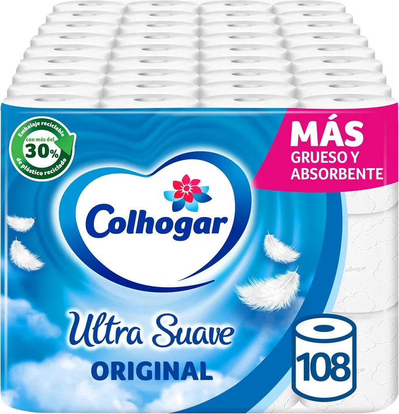 Colhogar ▫️ Ultra Soft Original x108 - Tecido higiénico branco de 2 camadas - 9 embalagens de 12 rolos, sem perfume