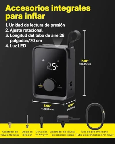 HOTO ▫️ Compressor de ar portátil de 120 PSI, inflador de pneus de carro com bateria de 2500 mAh 6