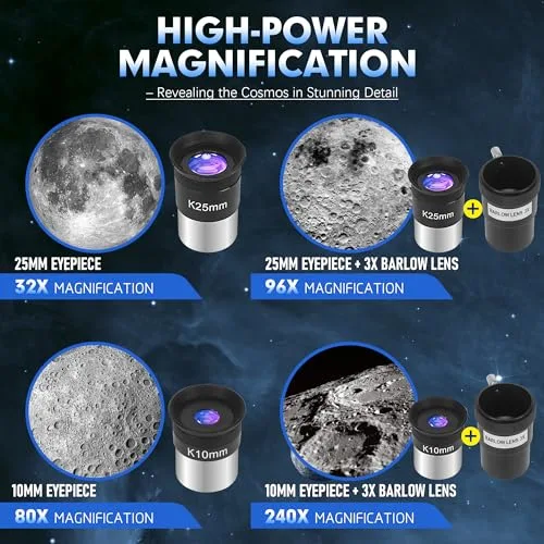MEEZAA ▫️ Telescópio Telescópio Astronómico Profissional para Adultos, Ultra Potente 32X-240X, 90/800 mm, Telescópios Refratores para Crianças e Principiantes com Tripé e Adaptador para Telemóvel – Observação da Lua 3