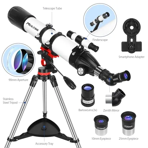 MEEZAA ▫️ Telescópio Telescópio Astronómico Profissional para Adultos, Ultra Potente 32X-240X, 90/800 mm, Telescópios Refratores para Crianças e Principiantes com Tripé e Adaptador para Telemóvel – Observação da Lua 6