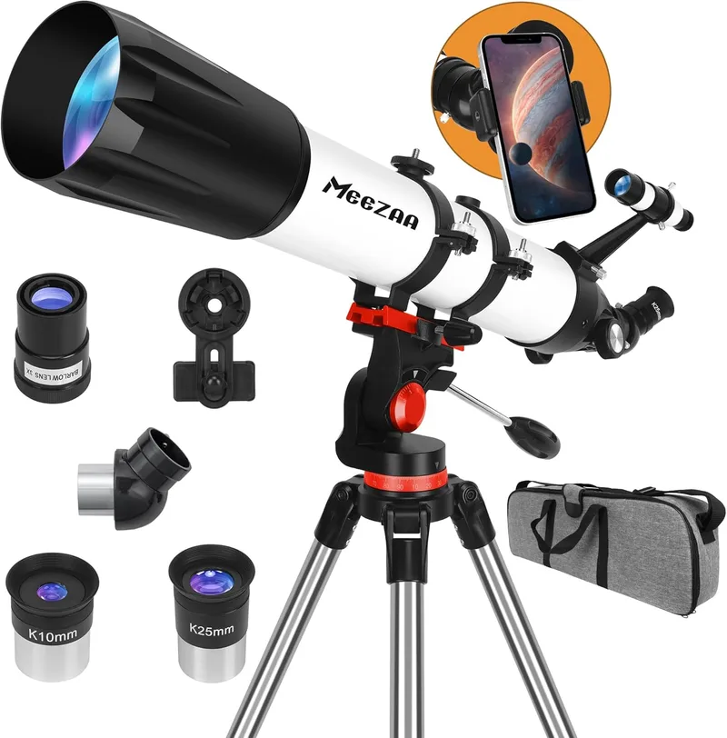 MEEZAA ▫️ Telescópio Telescópio Astronómico Profissional para Adultos, Ultra Potente 32X-240X, 90/800 mm, Telescópios Refratores para Crianças e Principiantes com Tripé e Adaptador para Telemóvel – Observação da Lua