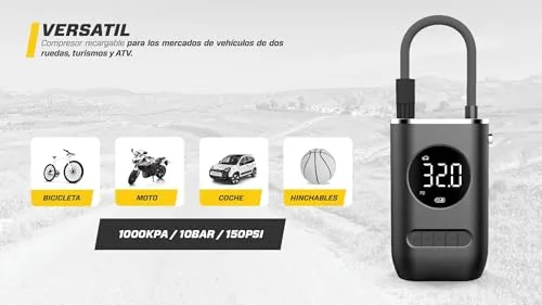 MAXTOOLS ▫️ BAC100, Compressor de ar a bateria com ecrã LCD digital e lanterna LED, para bicicleta, carro, mota, scooter e bola 4