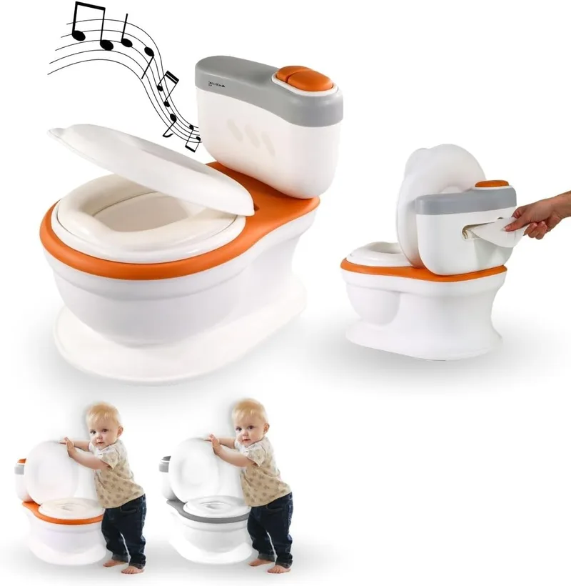Mobiclinic ▫️ ® kids, Penico para bebés, Toikid, Idade: 1-3 anos, Com tampa, Som de descarga, Compartimento para papel higiénico, Funciona a pilhas, Bacia removível, Assento impermeável (laranja)