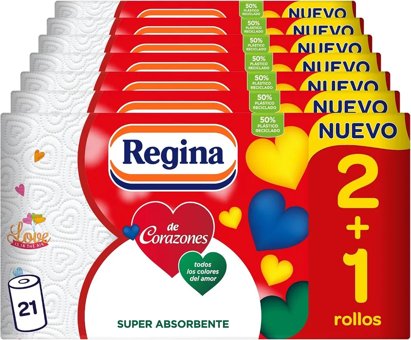 Regina ▫️ Papel de Cozinha de Corazones - 21 rolos, máxima absorção em cada folha, 58 folhas de 2 camadas por rolo, cor decorativa, rolo grande