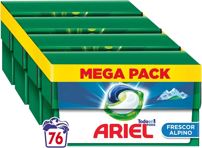 Ariel ▫️ PODS Detergente líquido para a roupa tudo em 1 em cápsulas/pellets, 76 lavagens (4x19), sabão Alpine Freshness & Cleanliness, 5 acções para uma limpeza a frio brilhante