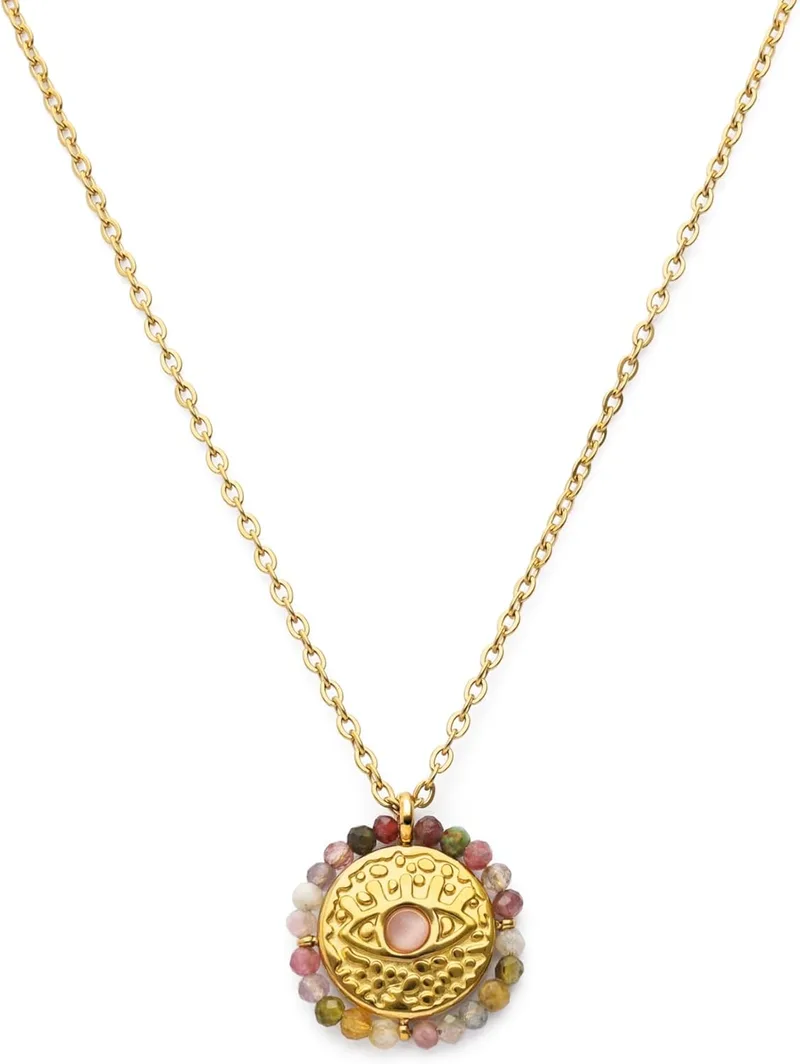SINGULARU ▫️ Colar com medalhão. Aço com acabamento em banho de ouro de 18 quilates. Colar com medalhão comprido ajustável. Joias para mulher