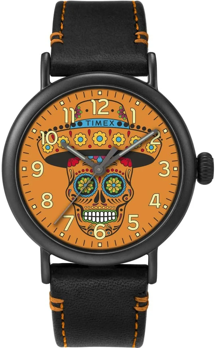 Timex ▫️ Relógio analógico de quartzo para homem modelo Waterbury Standard «Dia dos Mortos», com bracelete em couro