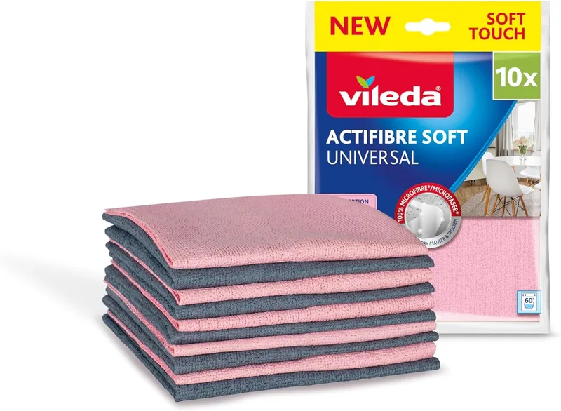 Vileda ▫️ Actifibre Soft Universal, Pano Multiusos de Microfibra | 100% microfibra | Limpeza sem deixar marcas | Muito absorvente | Lavável a 60 °C | Rosa claro e cinzento | Toque suave